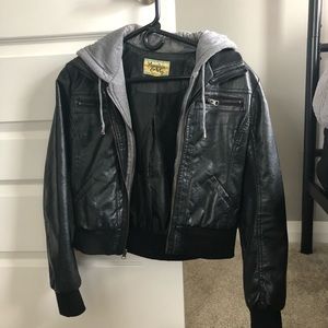Leather jacket with hood.